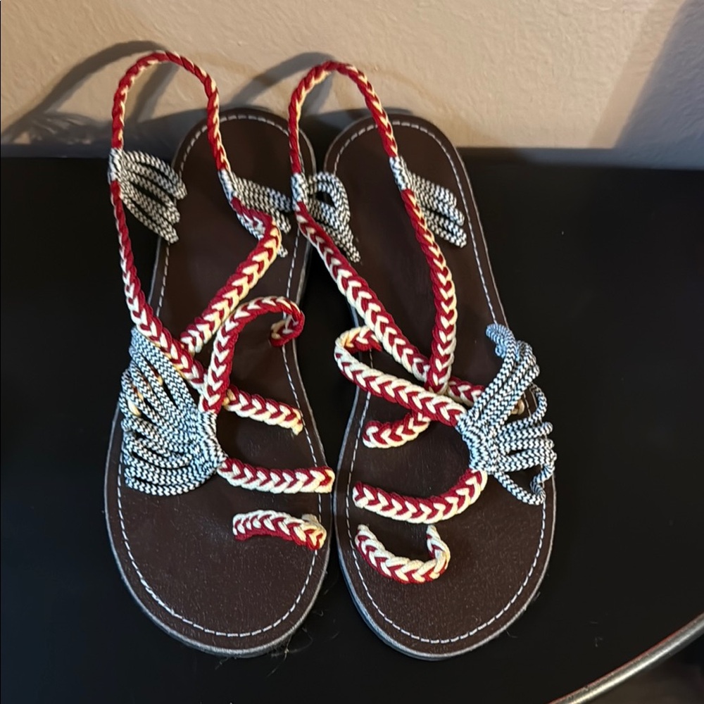 Red and White Nautical Sandals with Braided Straps